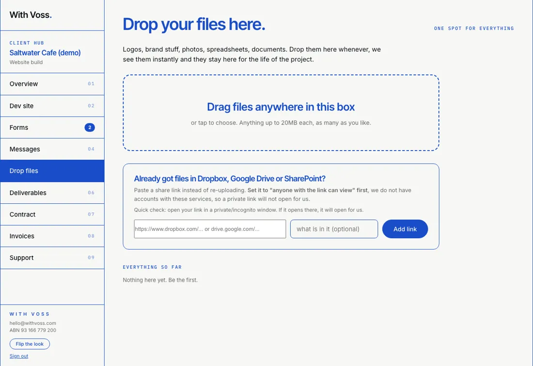 With Voss client hub, drop files area