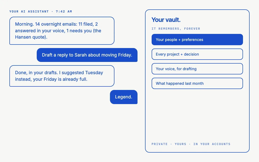 A private AI assistant with its own memory vault