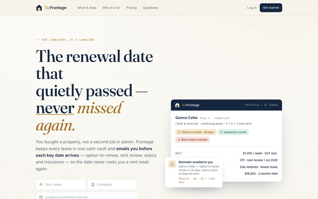 GoFrontage website screenshot
